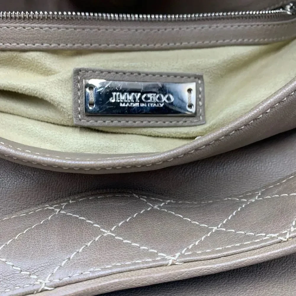 Auth Jimmy Choo Taupe Biker Chain Relaxed Hobo Bag. Excellent Preloved Satchel.